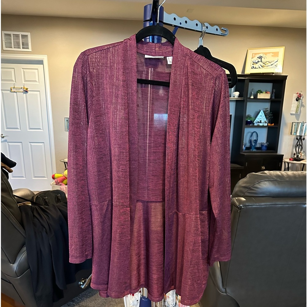 Susan Graver Burgundy cardigan with gold metallic in the material. Size Large